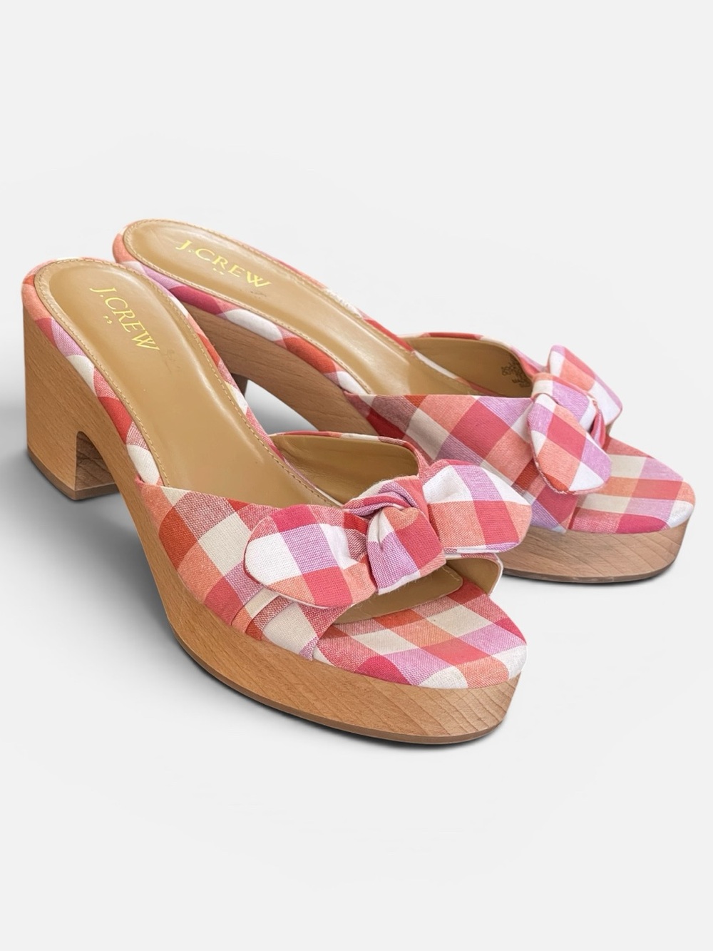 J.Crew Pink Orange Gingham Check Bow Platform Sandals Mules Sz 9 Wood Block Heel